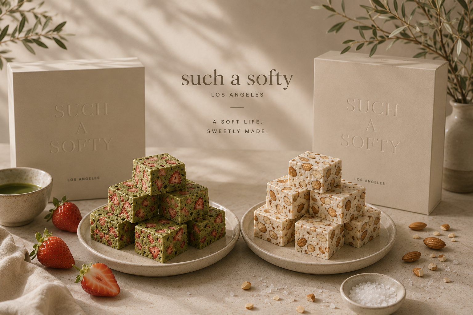 Such a Softy milk nougat — Strawberry Matcha Cloud and Vanilla Sea Salt Almond Cloud with handmade packaging