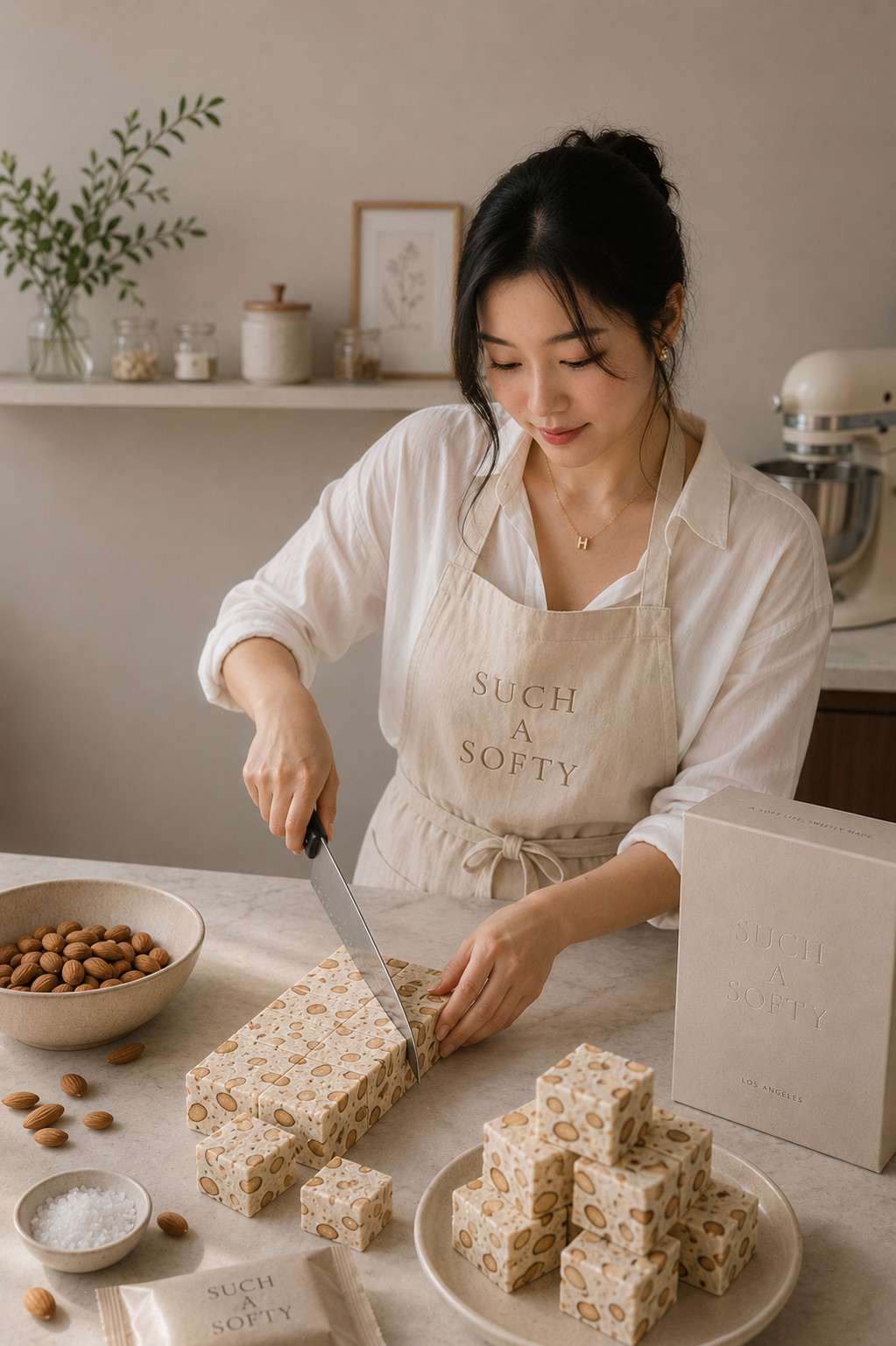 Jasmine hand-cutting Such a Softy vanilla sea salt almond milk nougat in the kitchen